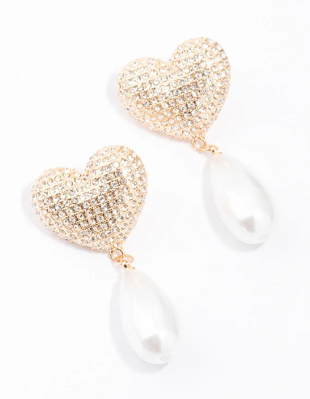 Gold Diamante Pearl Heart Drop Earrings