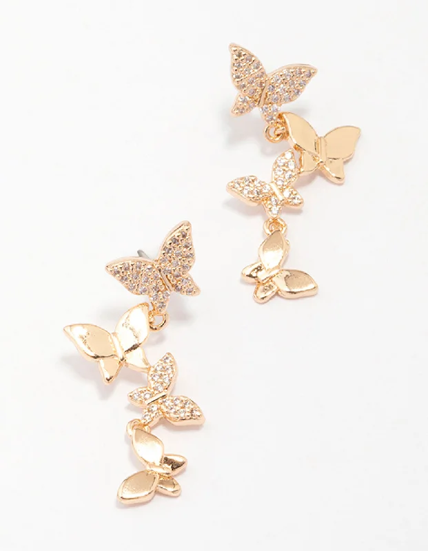 Gold Cubic Zirconia Butterfly Drop Earrings