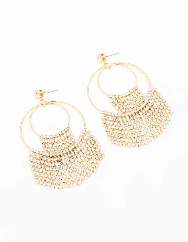 Gold Plated Diamante Fringe Rings Drop Earrings