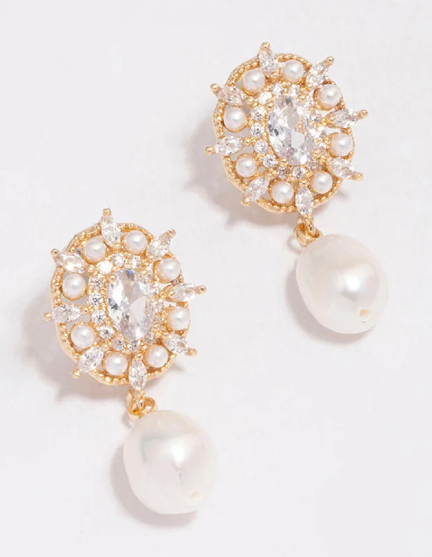 Gold Plated Freshwater Pearl Halo Drop Earrings