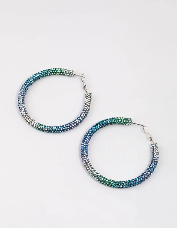 Rhodium Blue Jet Crusted Hoop Earrings