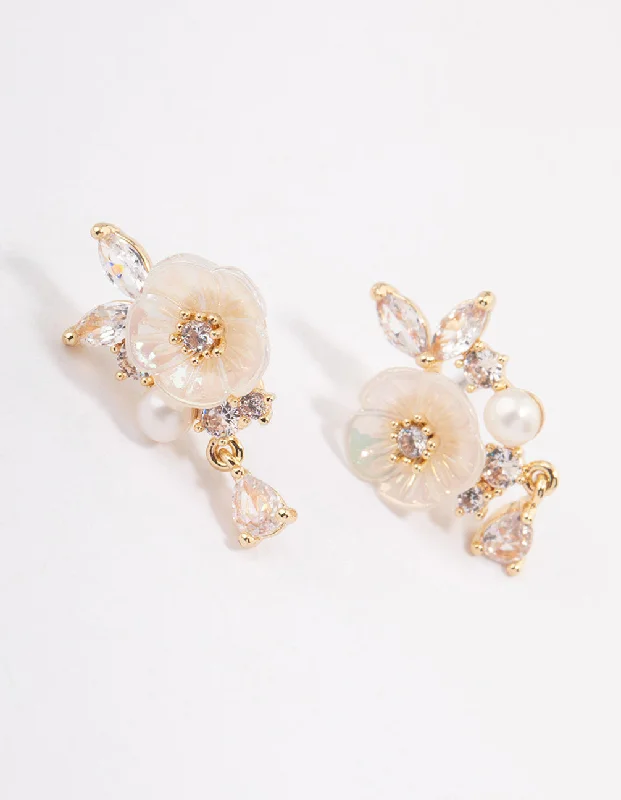 Gold Plated Cubic Zirconia Floral Detailed Pearl Earrings