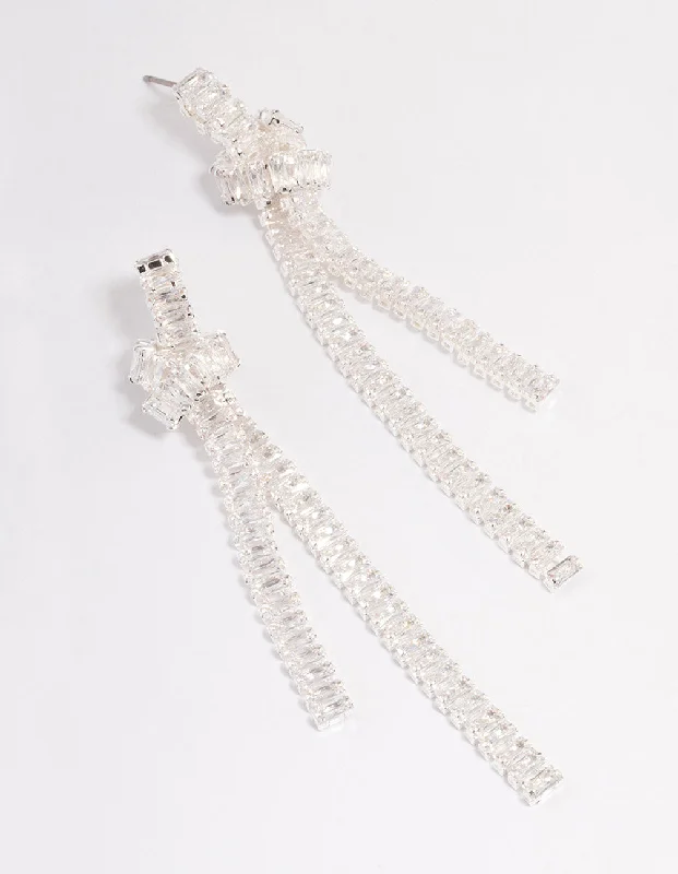 Silver Plated Cubic Zirconia Baguette Knot Drop Earrings