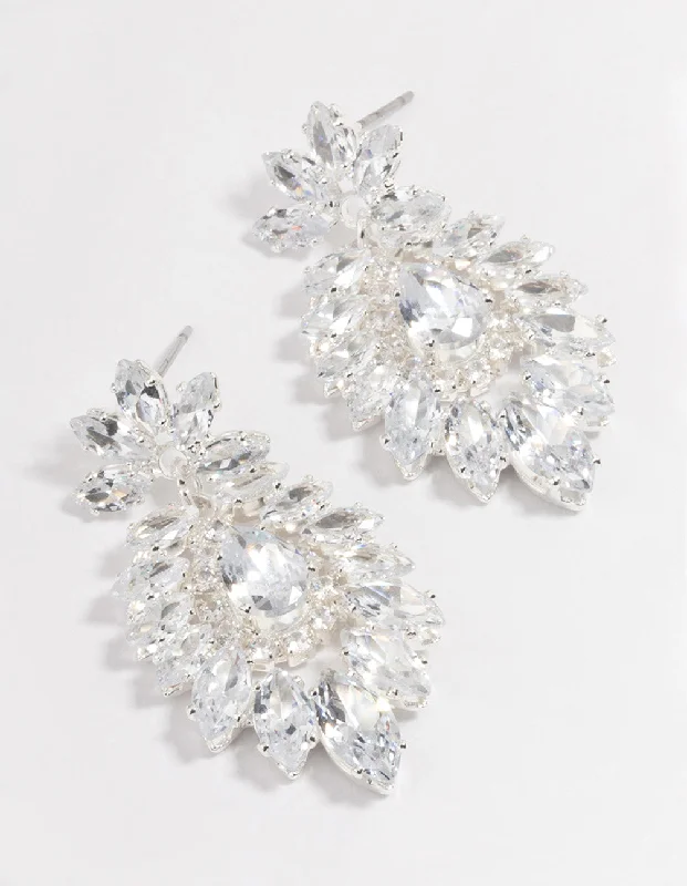 Silver Plated Cubic Zirconia Marquise Statement Drop Earrings