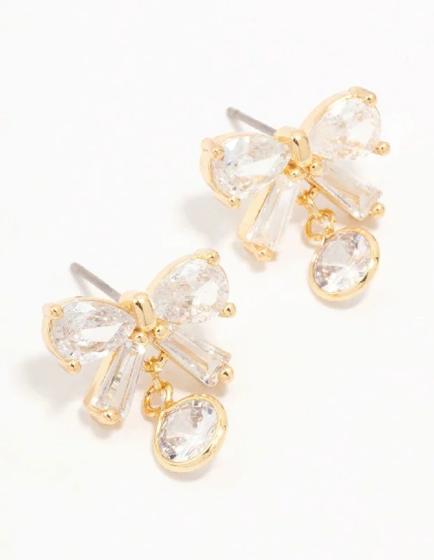 Real Gold Plated Cubic Zirconia Bow & Round Drop Earrings