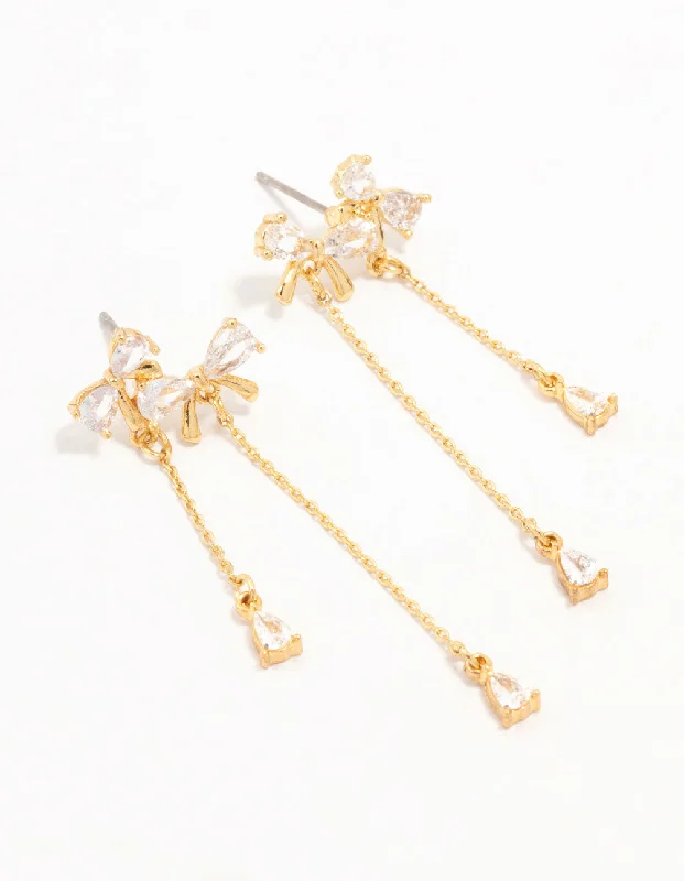 Real Gold Plated Cubic Zirconia Double Bow & Chain Earrings