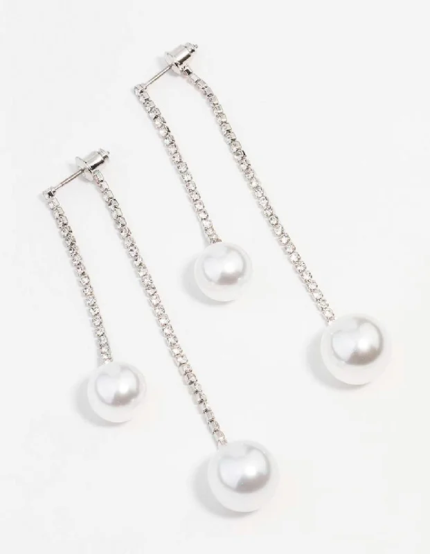 Rhodium Double Diamante Pearl Drop Earrings