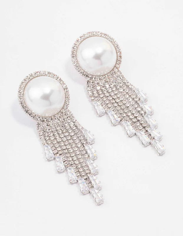 Rhodium Oversized Pearl Cup Chain Diamante Earrings