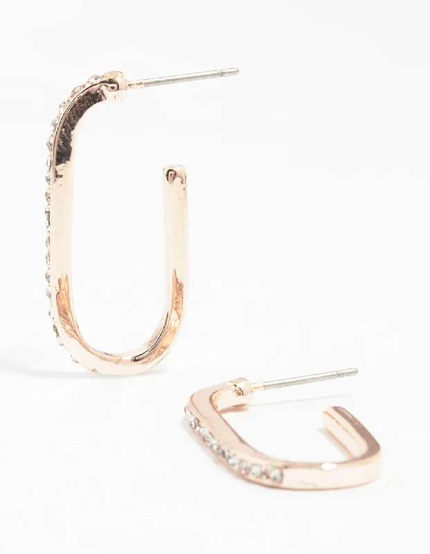 Rose Gold Cubic Zirconia Long Oval Hoop Earrings