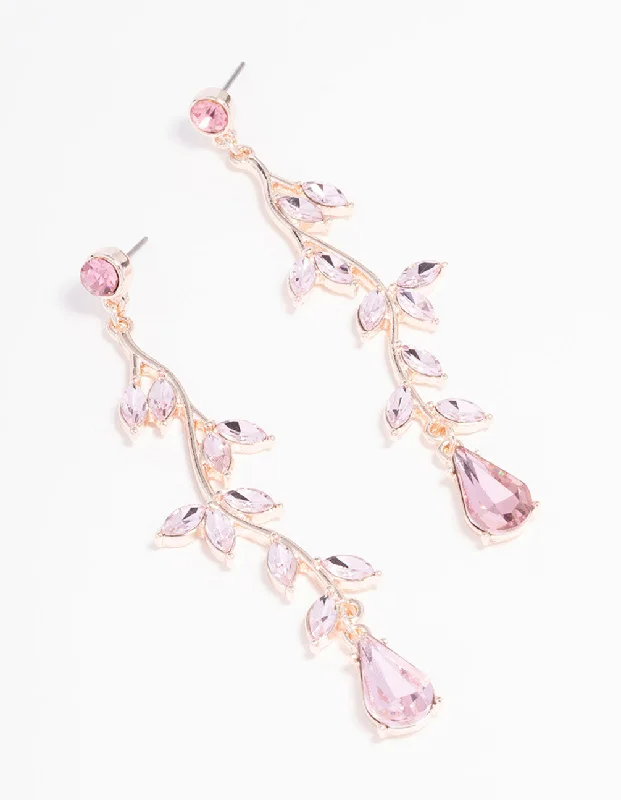 Rose Gold Pink Diamante Leaf Drop Earrings