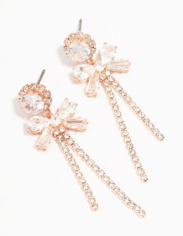 Rose Gold Plated  Bow Zirconia Cup Chain Earrings