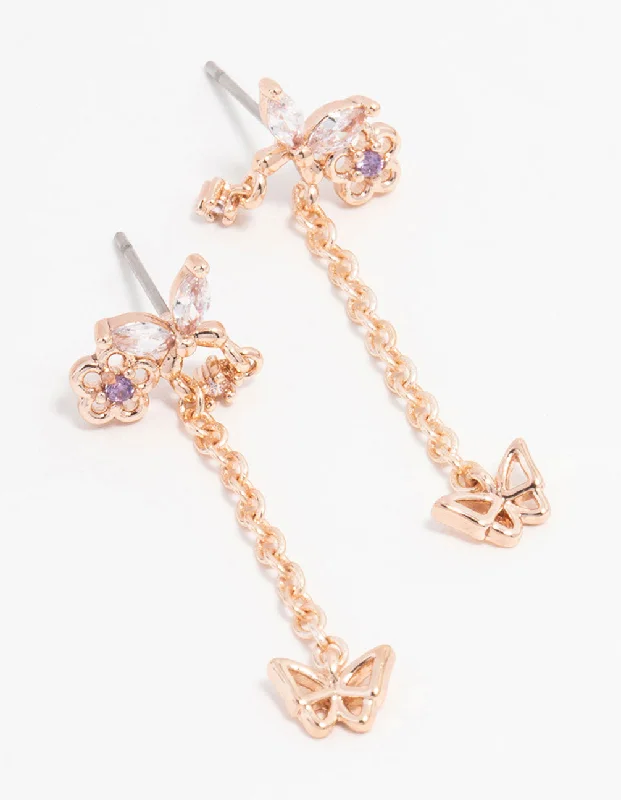 Rose Gold Plated Butterfly Stud & Chain Drop Earrings