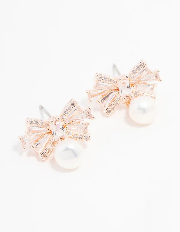 Rose Gold Plated Cubic Zirconia Baguette Bow & Pearl Drop Earrings