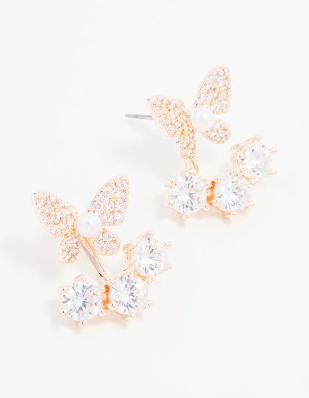 Rose Gold Plated Cubic Zirconia Butterfly Jacket Earrings