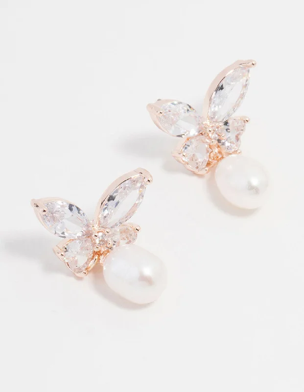 Rose Gold Plated Cubic Zirconia Butterfly Pearl Drop Earrings