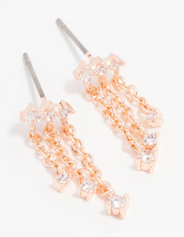 Rose Gold Plated Cubic Zirconia Chain Trio Drop Earrings