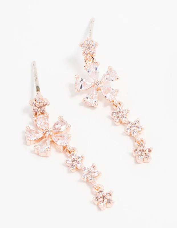 Rose Gold Plated Cubic Zirconia Dainty Flower Drop Earrings