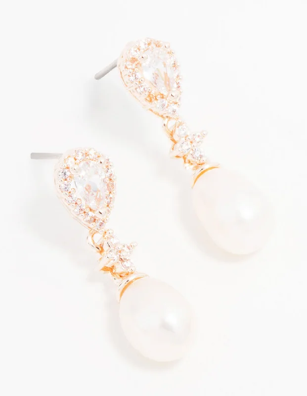 Rose Gold Plated Cubic Zirconia Halo Pearl Drop Earrings