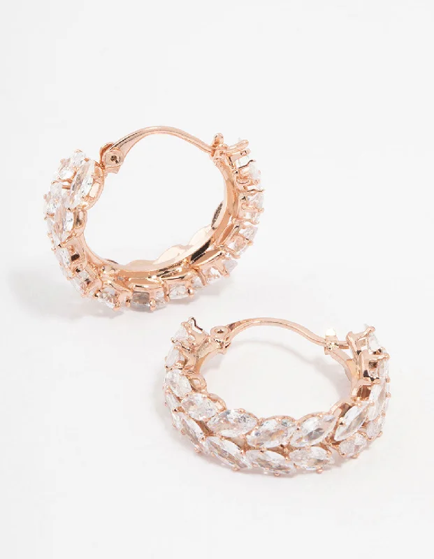 Rose Gold Plated Cubic Zirconia Marquise Herring Hoop Earrings