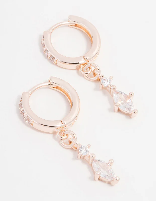 Rose Gold Plated Cubic Zirconia Marquise Huggie Drop Earrings