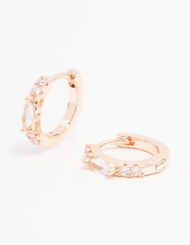 Rose Gold Plated Cubic Zirconia Marquise Pave Huggie Earrings