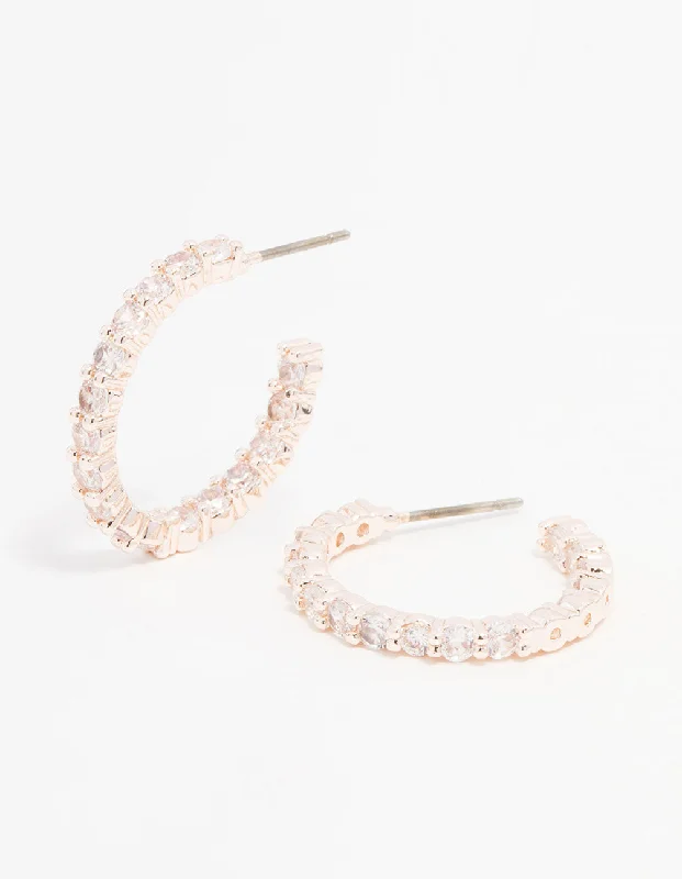 Rose Gold Plated Cubic Zirconia Medium Round Stone Hoop Earrings