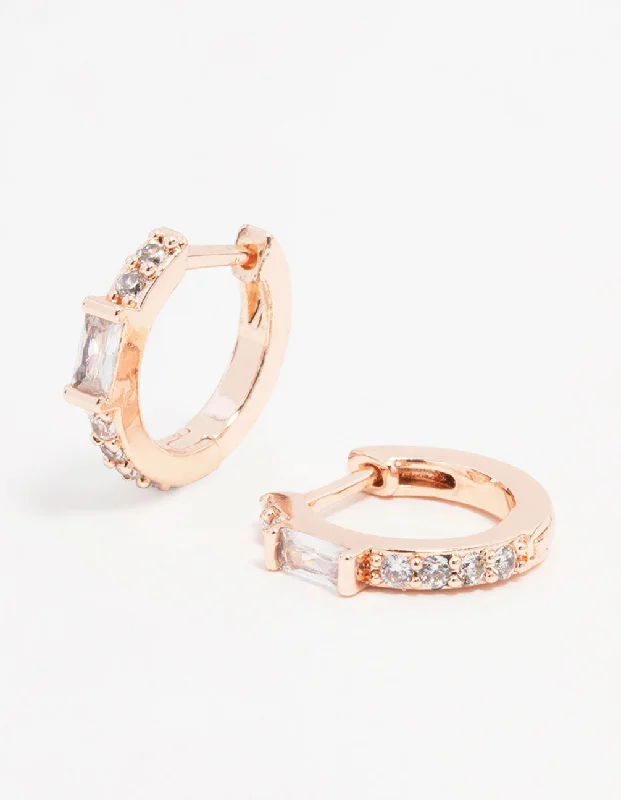 Rose Gold Plated Cubic Zirconia Mini Baguette Pave Huggie Earrings