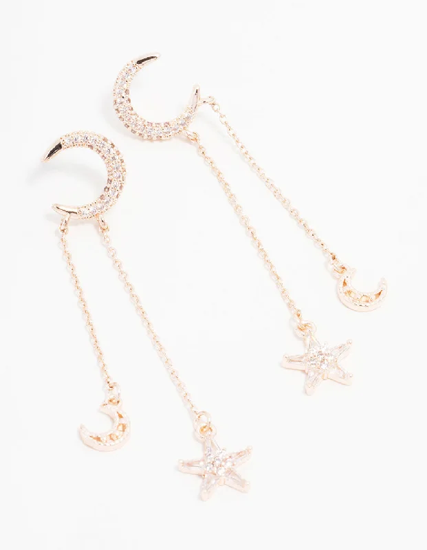 Rose Gold Plated Cubic Zirconia Moon & Star Drop Earrings