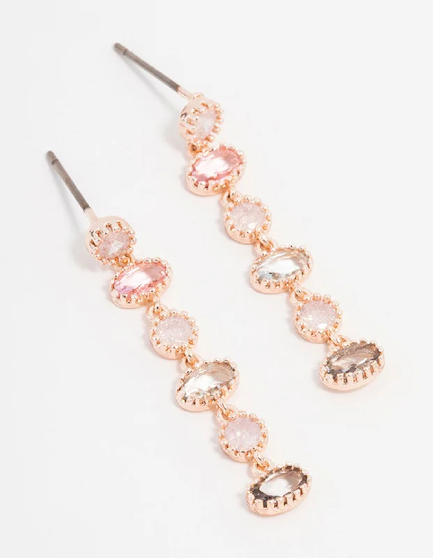 Rose Gold Plated Cubic Zirconia Oval & Round Stone Drop Earrings