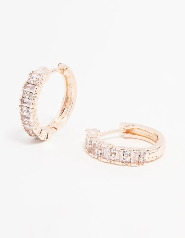 Rose Gold Plated Cubic Zirconia Pave Baguette Hoop Earrings