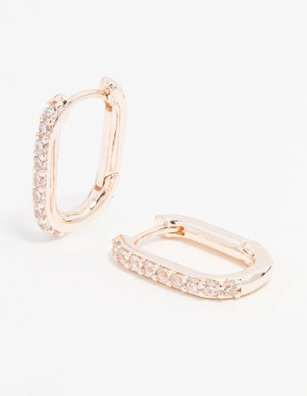 Rose Gold Plated Cubic Zirconia Pave Oval Hoop Earrings