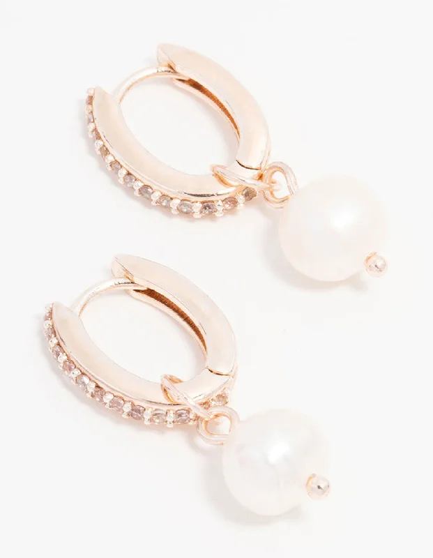 Rose Gold Plated Cubic Zirconia Pave Pearl Drop Hoop Earrings