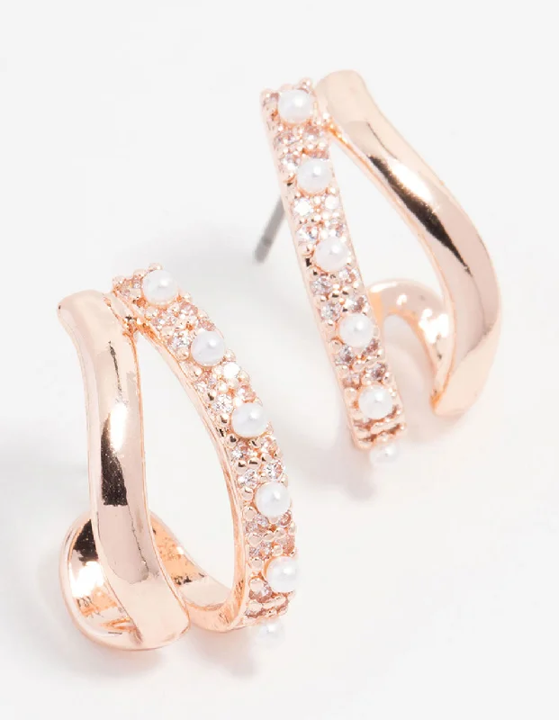 Rose Gold Plated Cubic Zirconia & Pearl Hoop Earrings