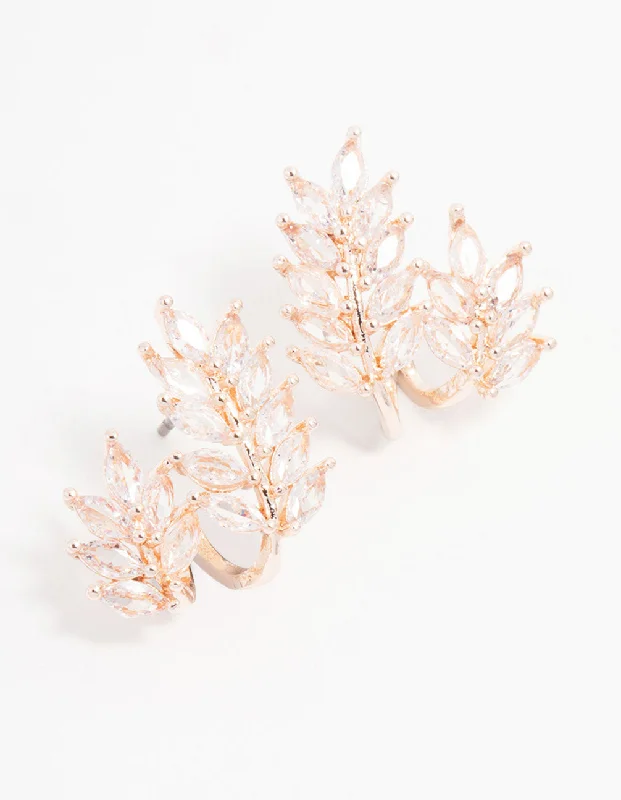 Rose Gold Plated Cubic Zirconia Roman Leaf Crawler Earrings