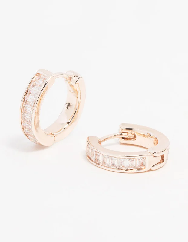 Rose Gold Plated Cubic Zirconia Thin Pave Hoop Earrings