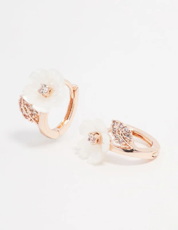 Rose Gold Plated Flower Pearl Hoop Earrings