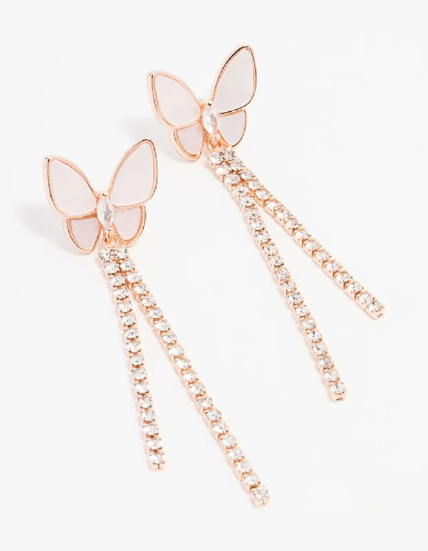 Rose Gold Plated Mother Of Pearl Butterfly & Cubic Zirconia Cup Chain Earrings