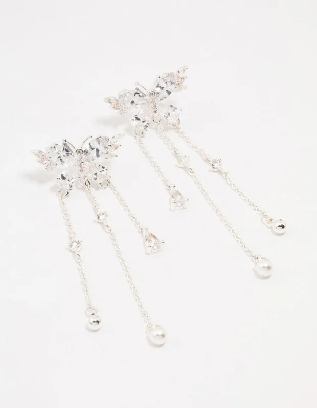 Silver Cubic Zirconia Butterfly Drop Earrings