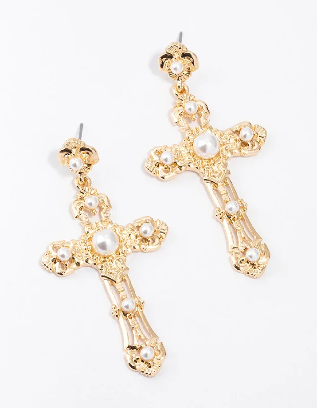 Small Gold Pearl Cross Drop Earrings