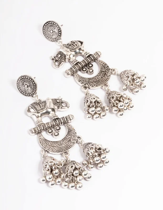 Long Antique Silver Elephant Jhumka Earrings